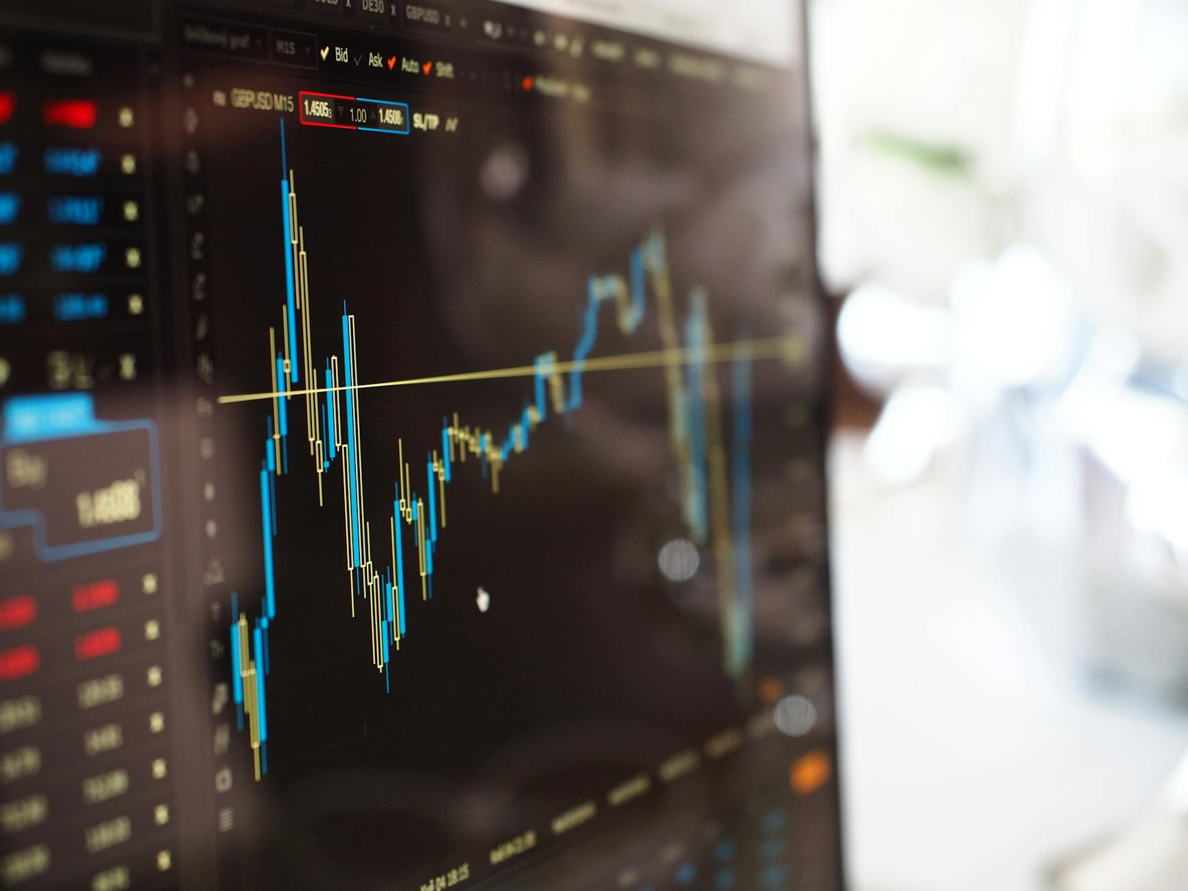 Financial trading data graphs on a monitor screen showing market trends