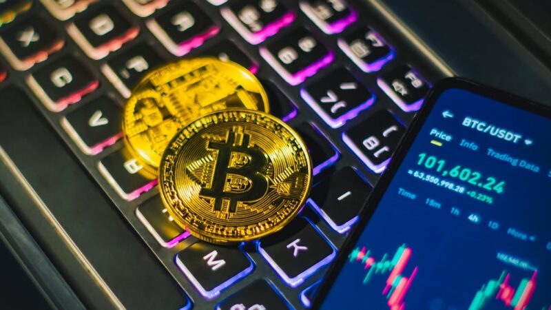 Crypto exchange dashboard showing a live cryptocurrency price chart and trade activity for UK investors
