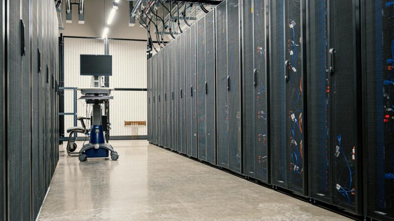 AI data centres: server racks inside a large UK data centre facility