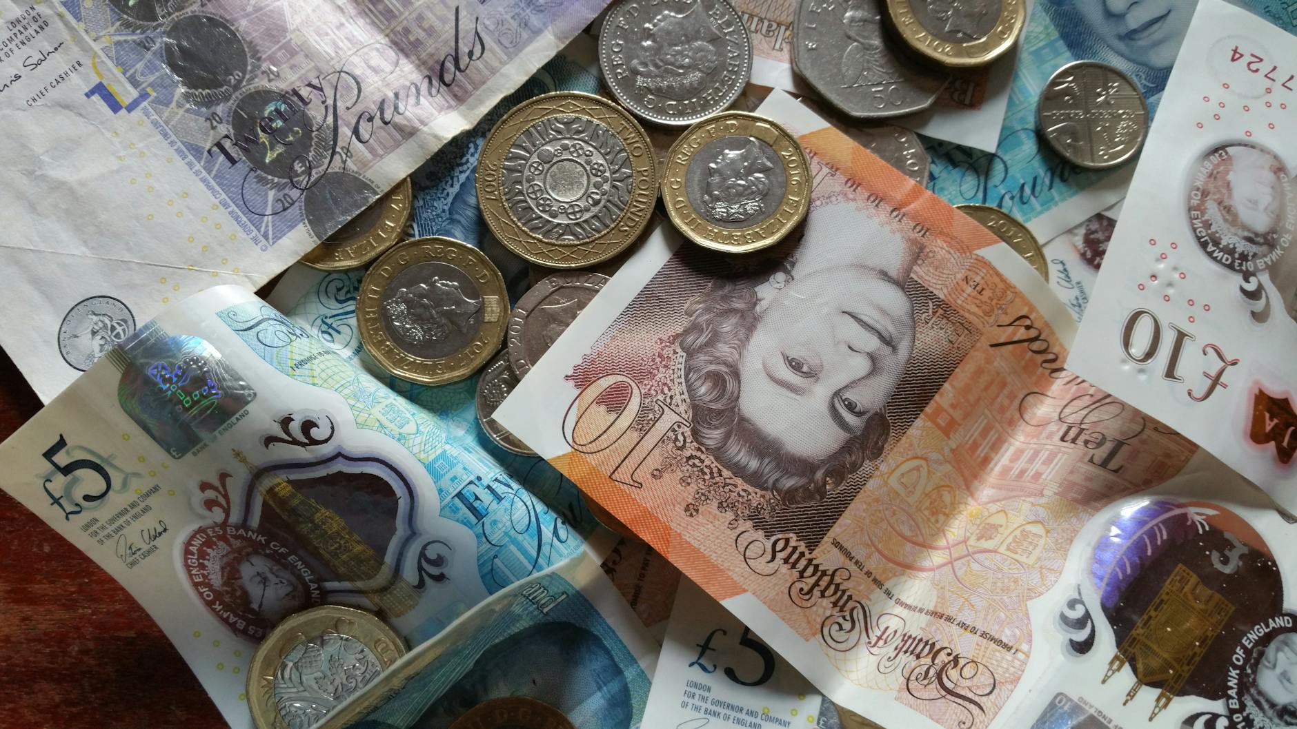 British pound notes and coins representing UK investment and share ownership.
