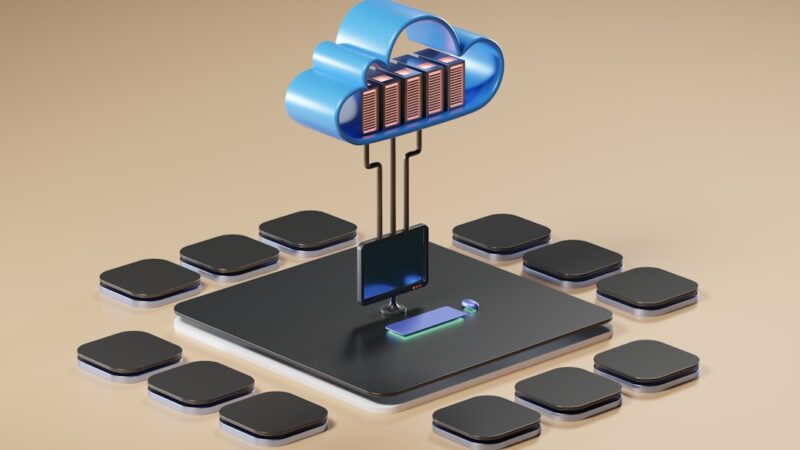 Cloud computing illustration with connected server blocks