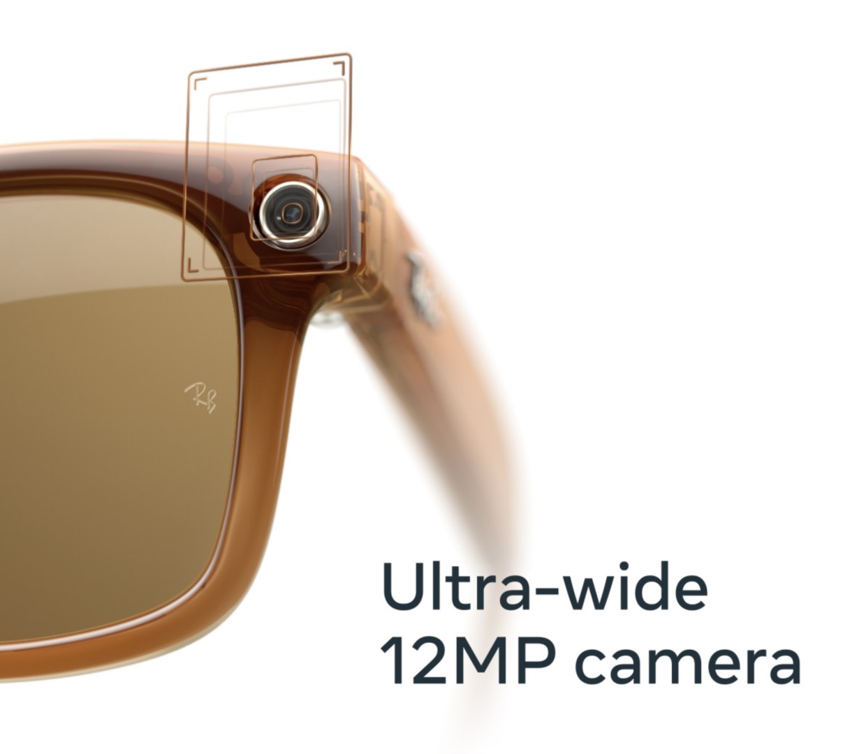 Close-up of the Ray-Ban Meta glasses camera module on the frame
