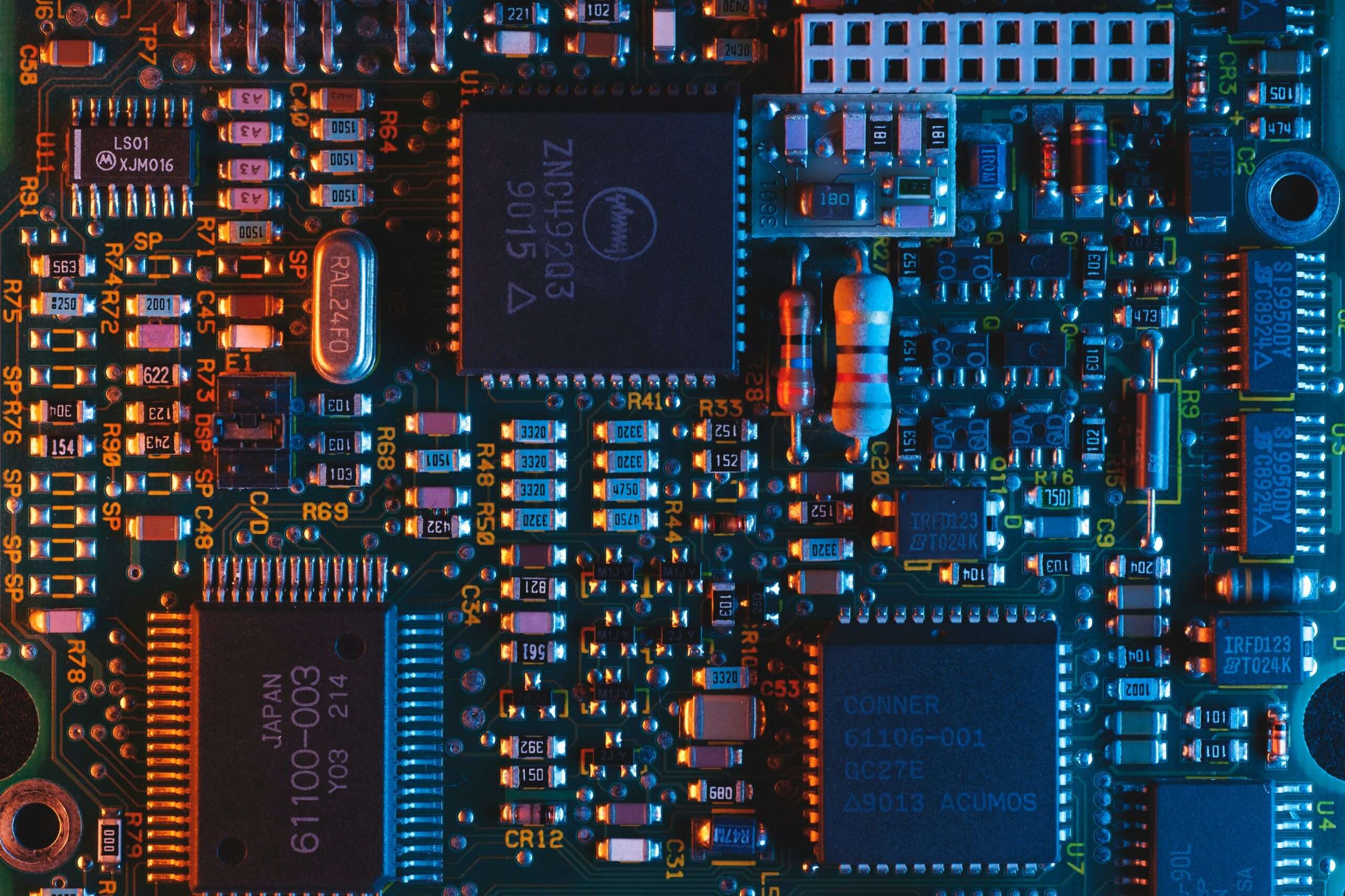 Close-up of a semiconductor chip on a circuit board