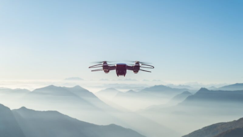 A small delivery drone lifting off from a rural UK field during a medical courier trial