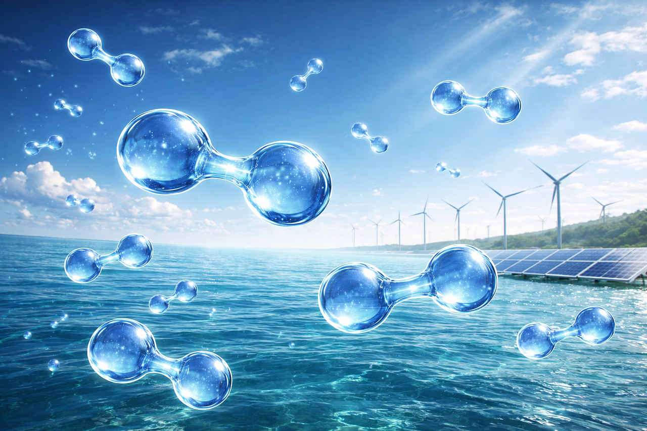 Green hydrogen production facility with wind turbines and solar panels showing hydrogen technology in the UK