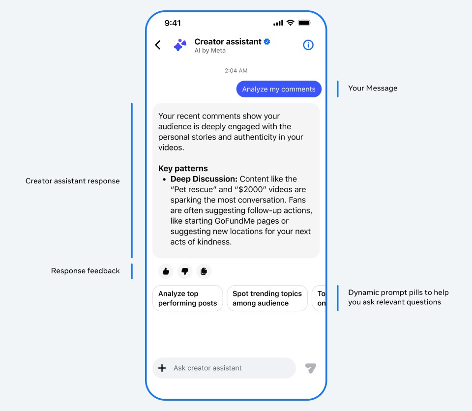 Official Meta Creator Assistant mobile interface with audience comment analysis