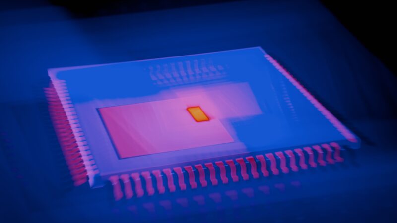 Close-up of an AI microchip representing model compute and distillation