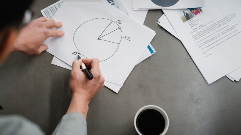 Investor reviewing a portfolio pie chart and target allocation notes.