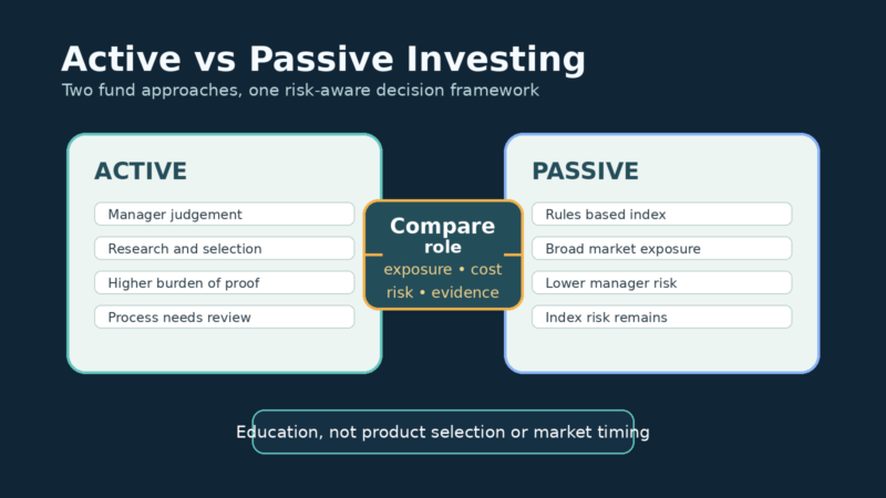Active and passive investing compared on a portfolio chart with cost and risk notes