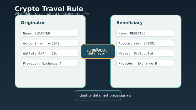 Crypto Travel Rule transfer flow showing sender, exchange checks and beneficiary details