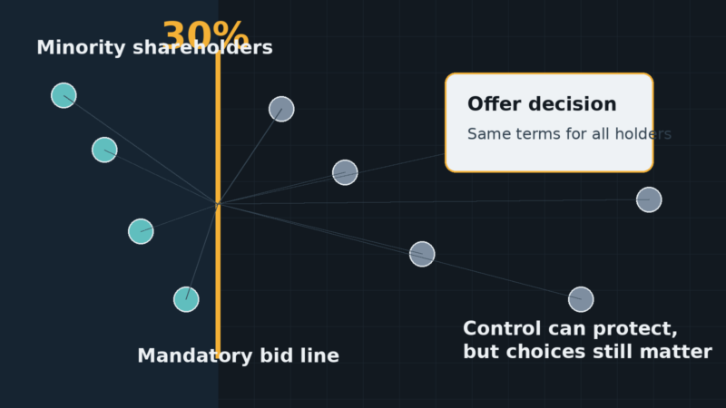 Mandatory bid rule illustration showing the 30 per cent control line in a UK takeover