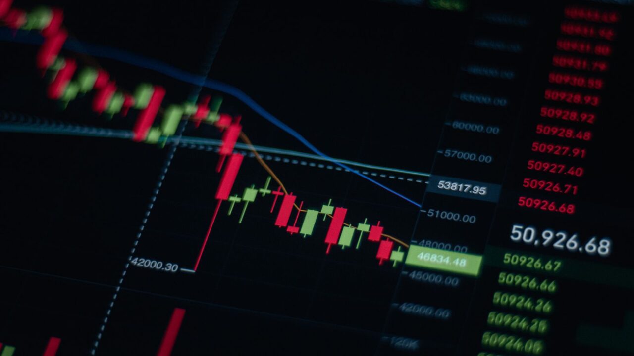 Close-up of stock market chart showing trends and data on a digital screen.