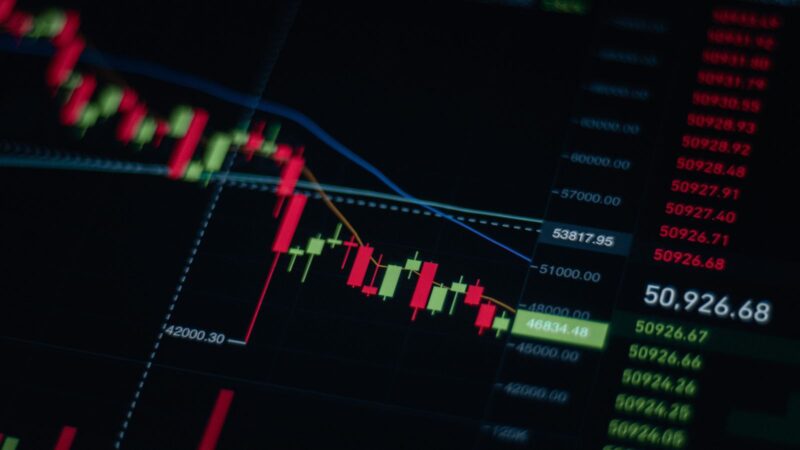 Close-up of stock market chart showing trends and data on a digital screen.