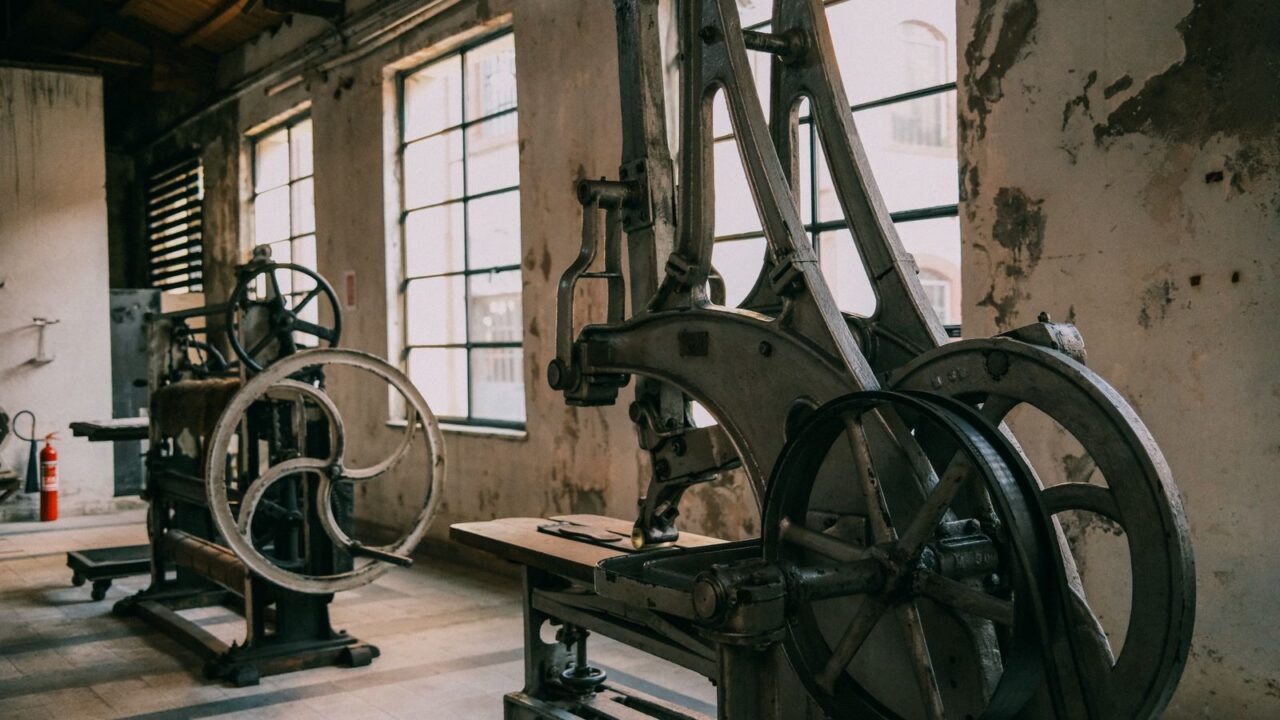 A view of vintage industrial machinery in an abandoned factory setting, emphasizing rustic charm.