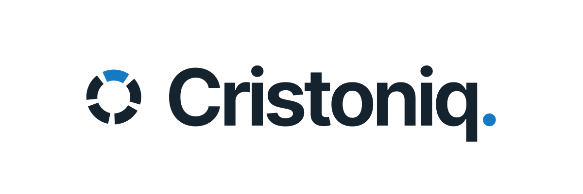 Cristoniq wordmark with a blue and navy segmented circle and blue final dot.