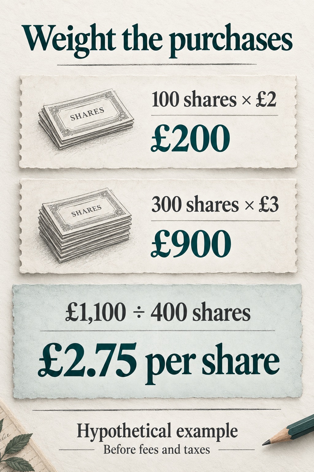 100 shares at £2 cost £200; 300 shares at £3 cost £900. Total £1,100 divided by 400 shares gives £2.75 per share.