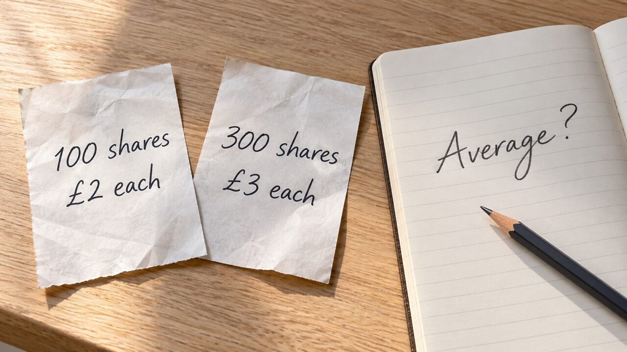 Conceptual purchase slips showing 100 shares at £2 each and 300 shares at £3 each beside a notebook asking Average?