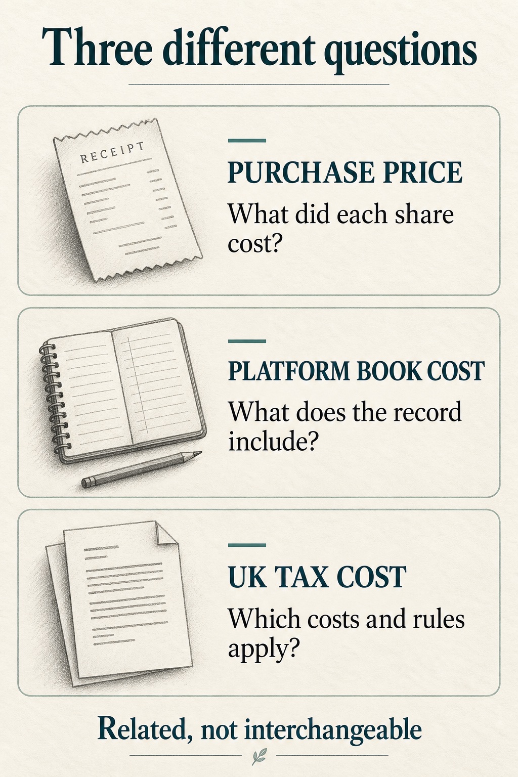 Purchase price asks what each share cost; platform book cost asks what the record includes; UK tax cost asks which costs and rules apply.