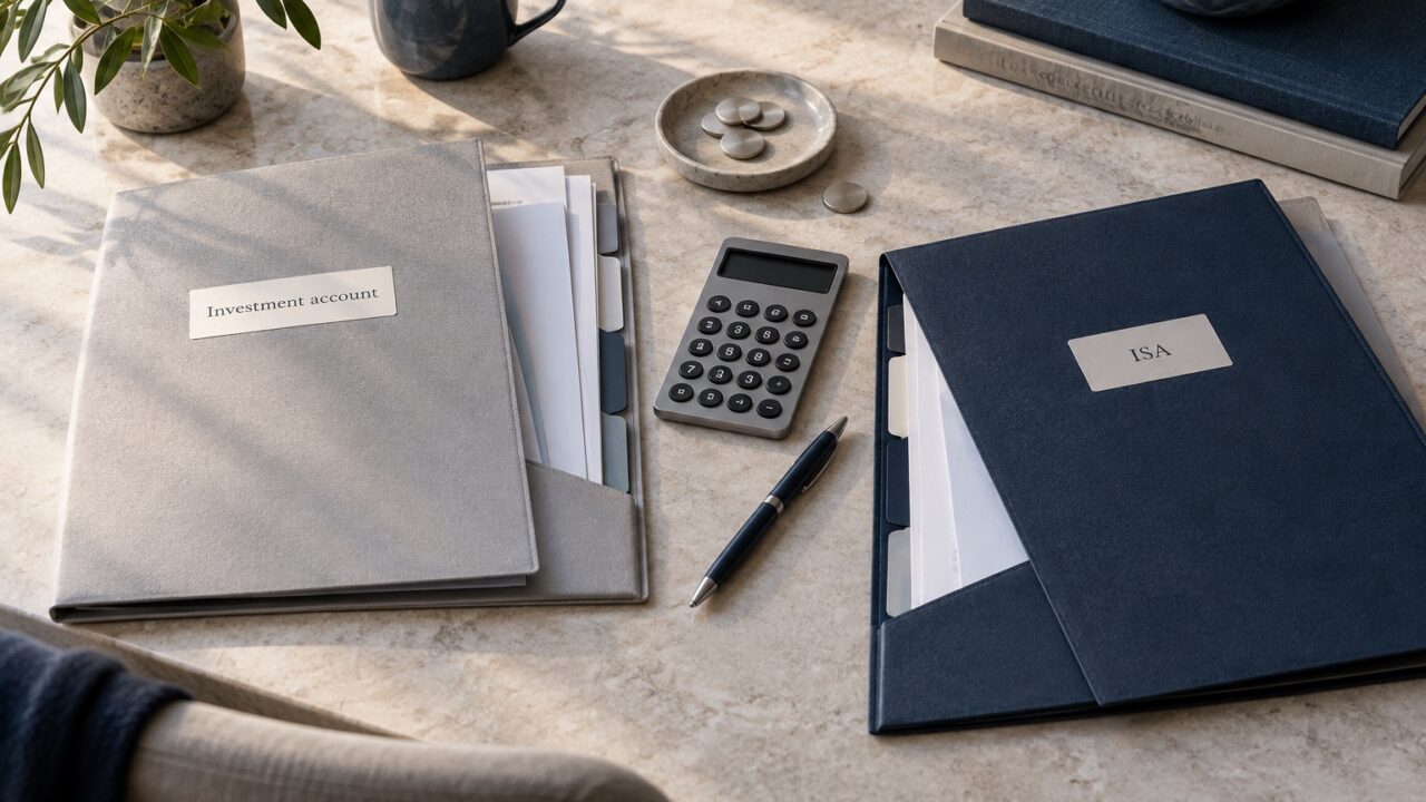 Grey investment-account folder and navy ISA folder beside a calculator and pen on a desk.