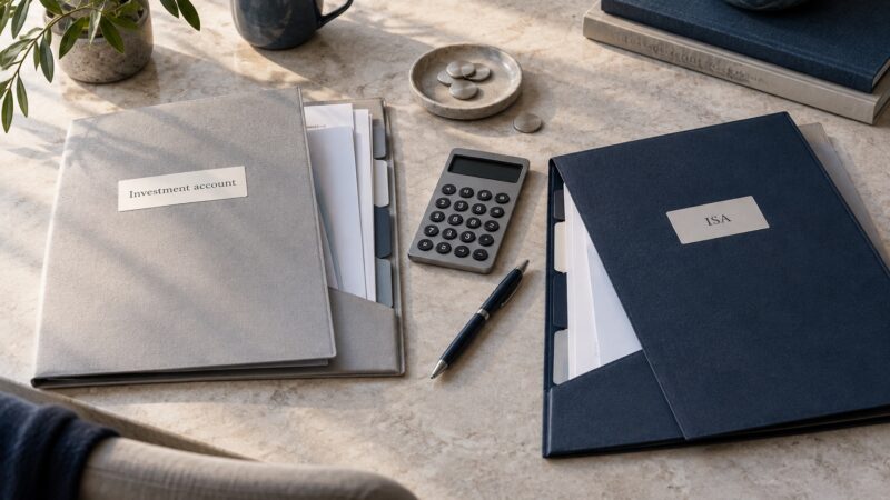 Grey investment-account folder and navy ISA folder beside a calculator and pen on a desk.