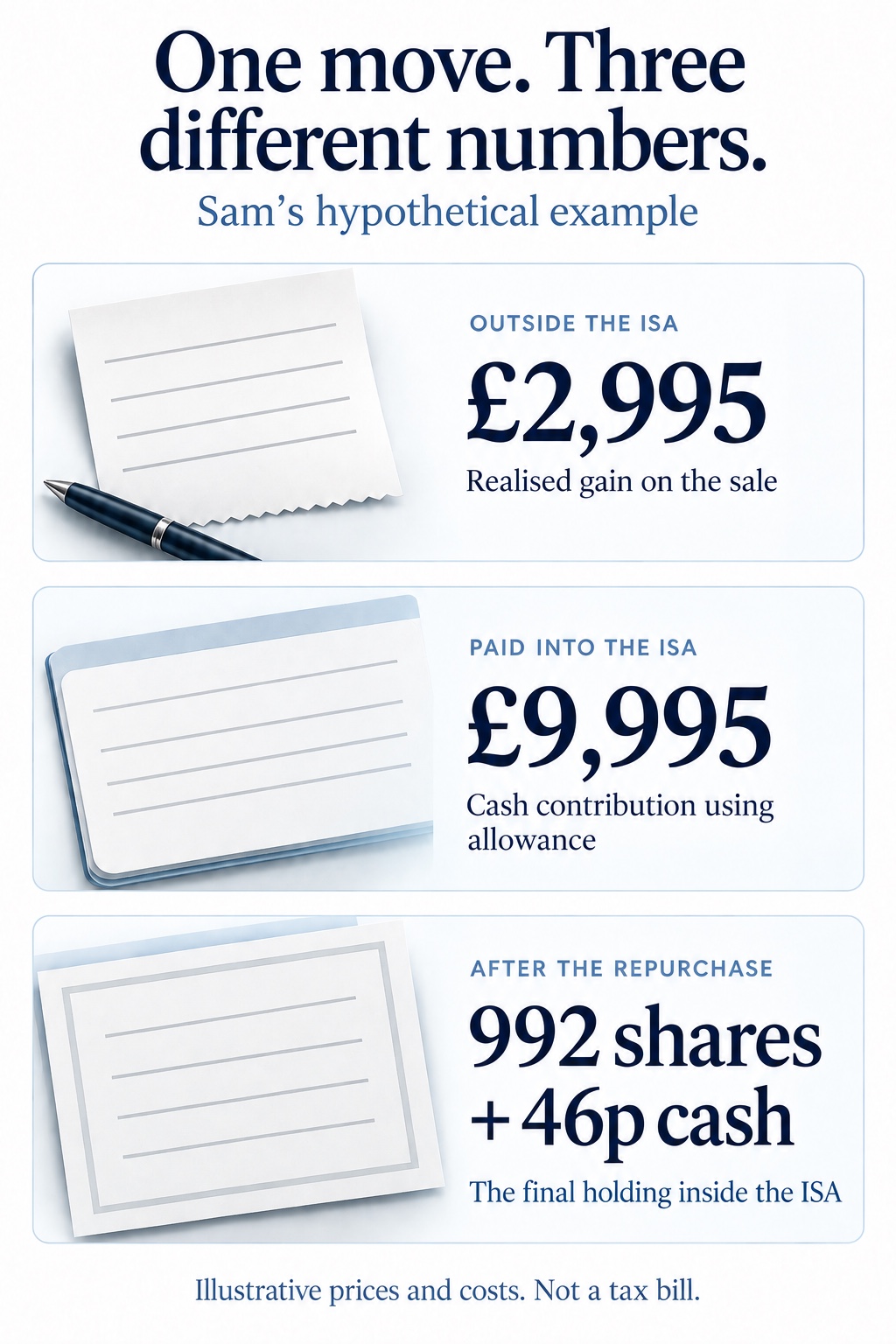 Three figures from Sam's hypothetical example: £2,995 realised gain outside the ISA; £9,995 cash paid into the ISA; 992 shares plus 46p cash after the repurchase.