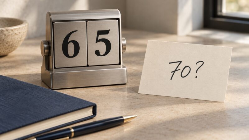 Conceptual desk calendar showing 65 beside a card marked 70?, a notebook and pen.