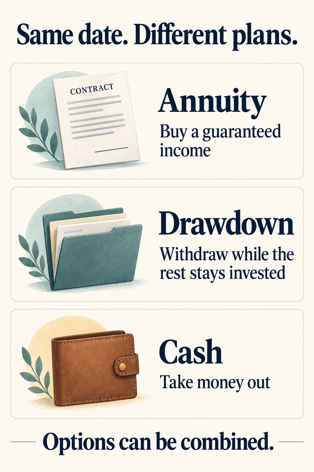 Annuity: buy a guaranteed income. Drawdown: withdraw while the rest stays invested. Cash: take money out. Options can be combined.