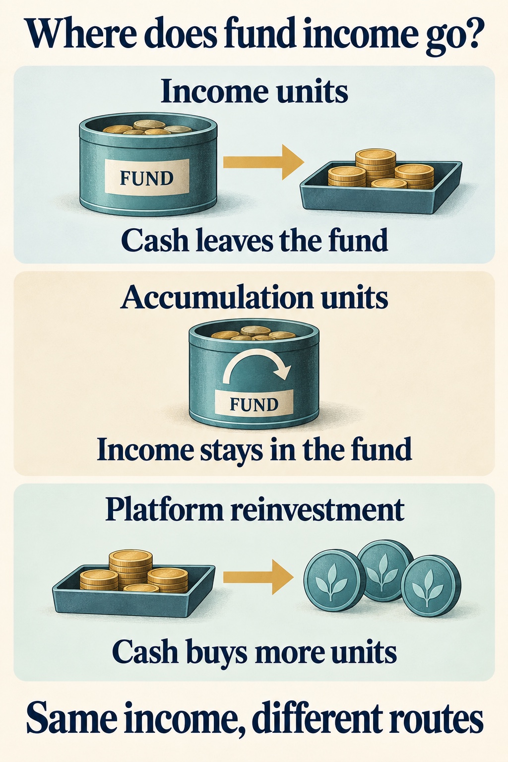 Income units pay cash out; accumulation units retain income in the fund; platform reinvestment uses cash to buy more units.