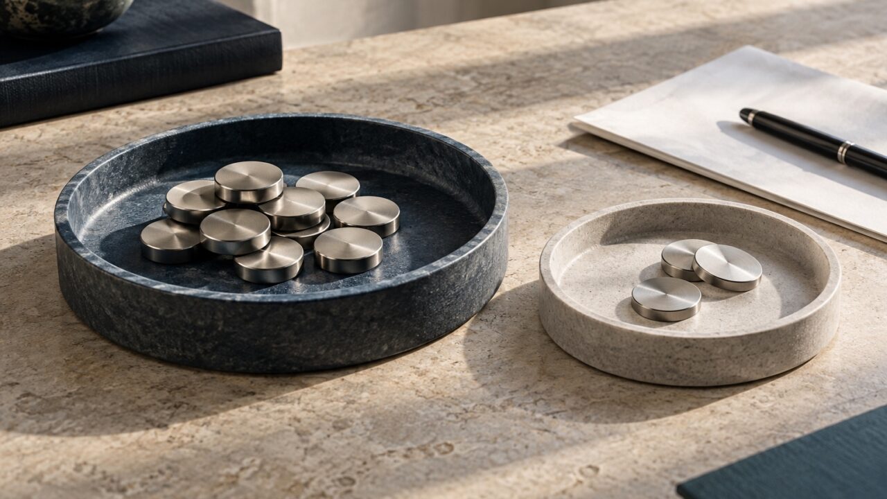 Conceptual still life of metal tokens in two trays beside a folded paper and pen.