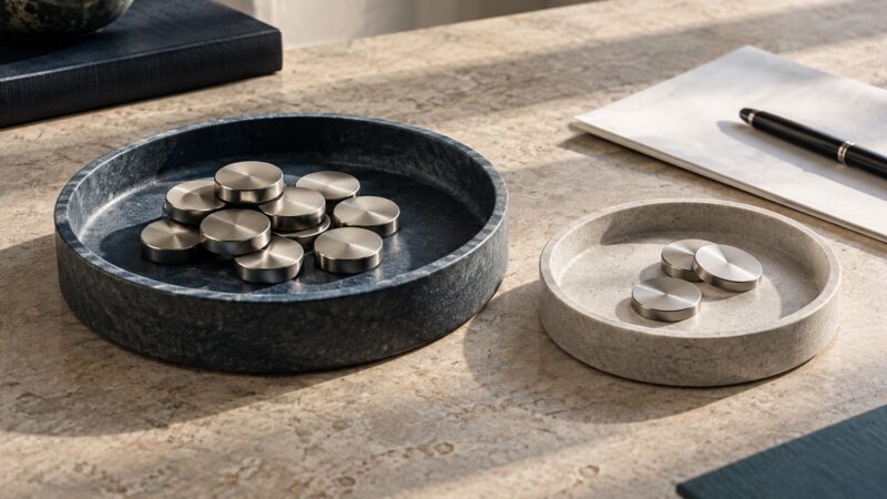 Conceptual still life of metal tokens in two trays beside a folded paper and pen.