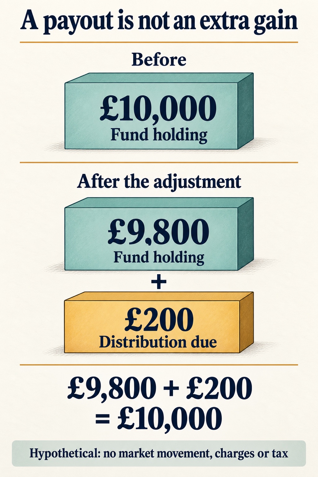 Hypothetical £10,000 holding becomes £9,800 in the fund plus a £200 distribution due, still £10,000 combined.