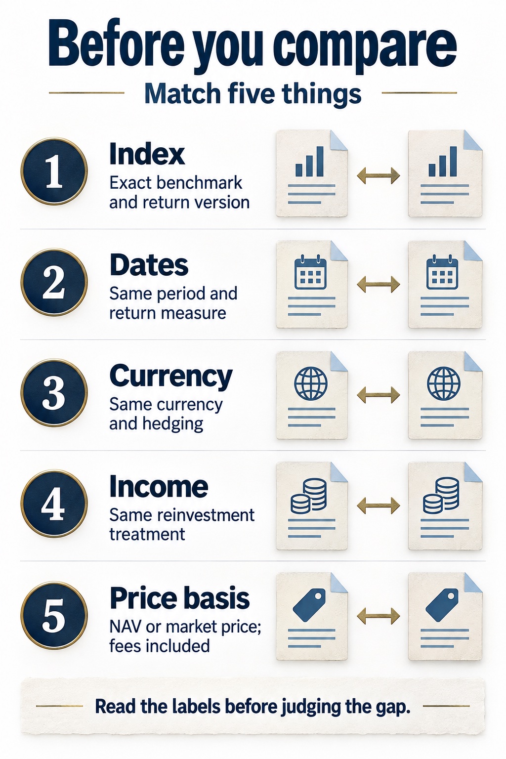 Five comparison checks: exact index and return version; same dates and period; same currency and hedging; same income treatment; same price and fee basis.