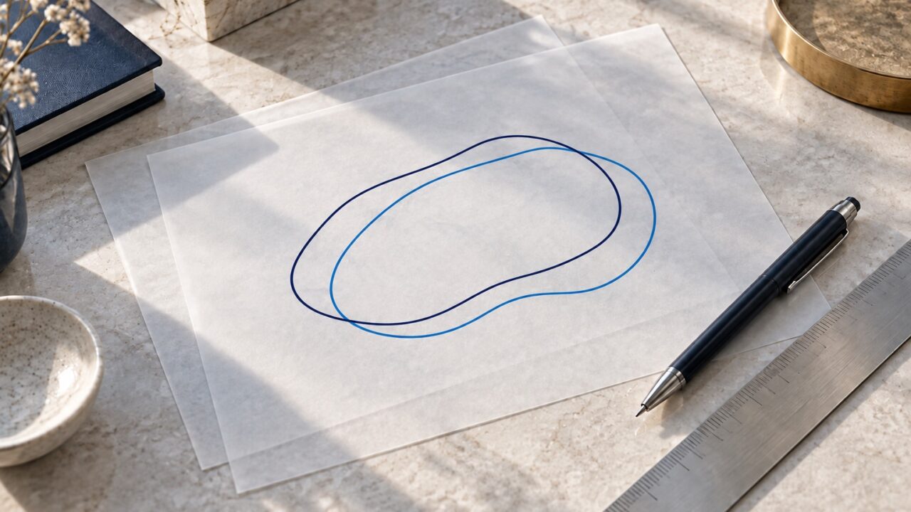 Overlapping translucent sheets with similar navy and blue outlines beside a metal ruler and pen.