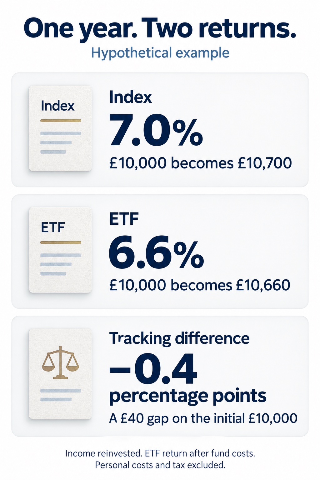 Hypothetical one-year returns: index 7.0%, ETF 6.6%, tracking difference minus 0.4 percentage points, equivalent to a £40 gap on an initial £10,000.