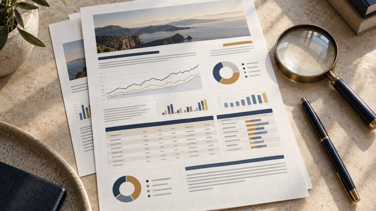 Illustrative fund factsheet sheets with charts, a pen and a magnifying glass on a stone desk.