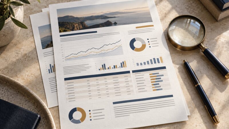 Illustrative fund factsheet sheets with charts, a pen and a magnifying glass on a stone desk.