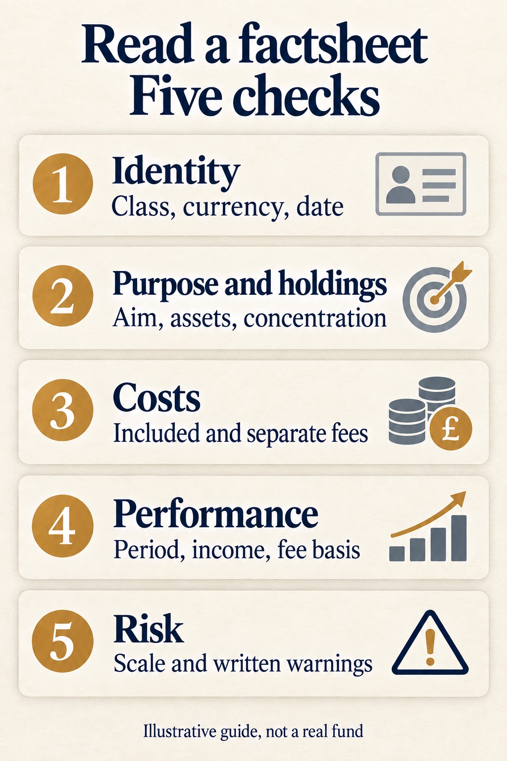 Five factsheet checks: identity, purpose and holdings, costs, performance, and risk.