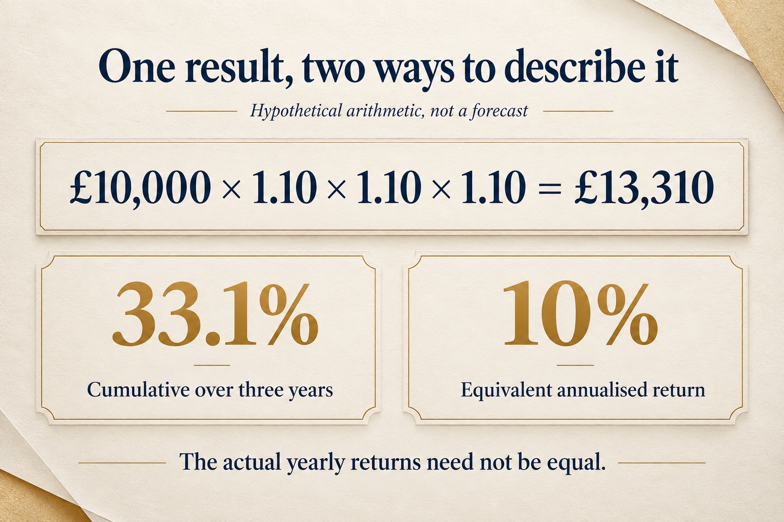 £10,000 compounded at 10% for three years becomes £13,310: a cumulative return of 33.1%.