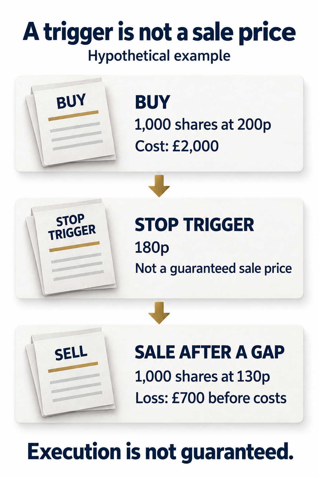 Hypothetical trade: 1,000 shares bought at 200p cost £2,000. A 180p stop is a trigger, not a guaranteed sale. Execution at 130p produces a £700 loss before costs.