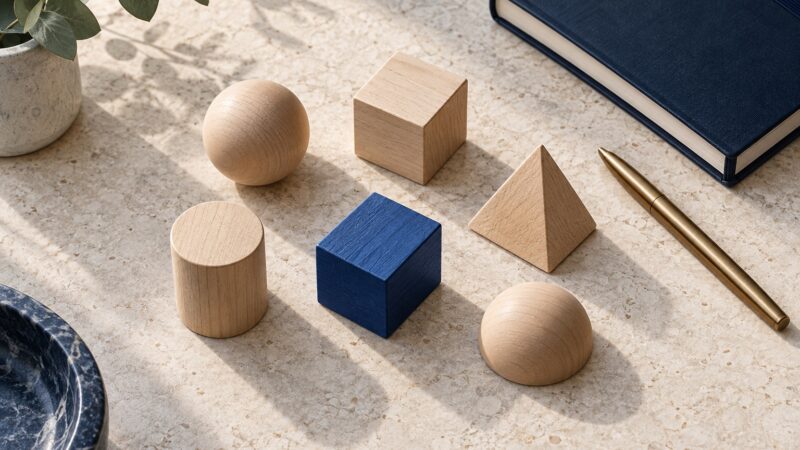 A blue block among pale wooden pieces laid flat on a stone desk, suggesting one holding within a wider collection.