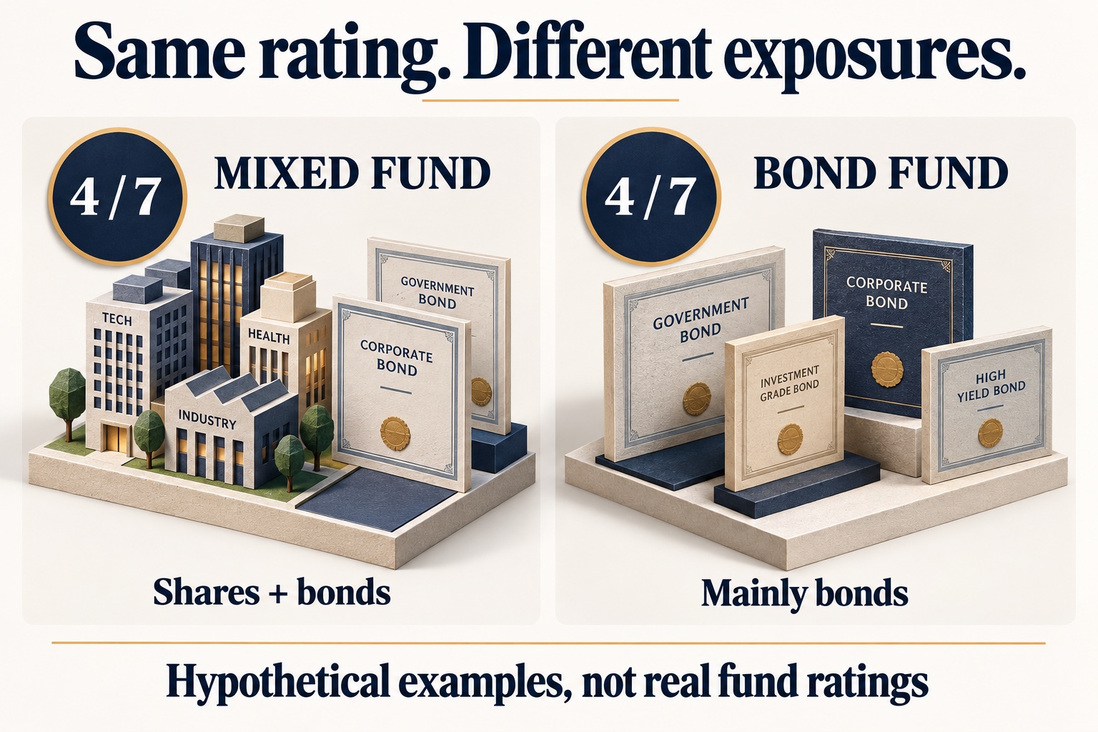 Two hypothetical funds rated 4 out of 7: one combines shares and bonds, while the other mainly holds bonds.