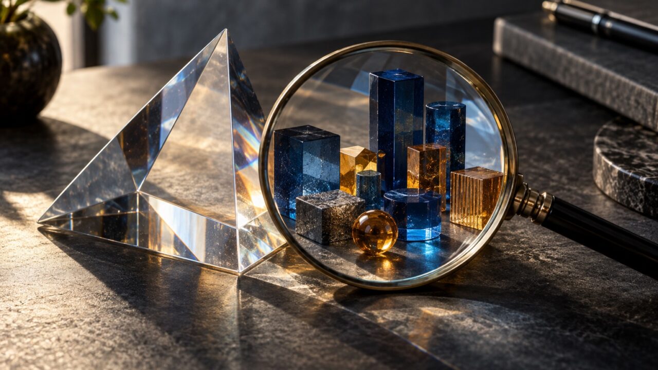 Magnifying glass over blue and amber geometric objects, a conceptual image of examining investment risk.