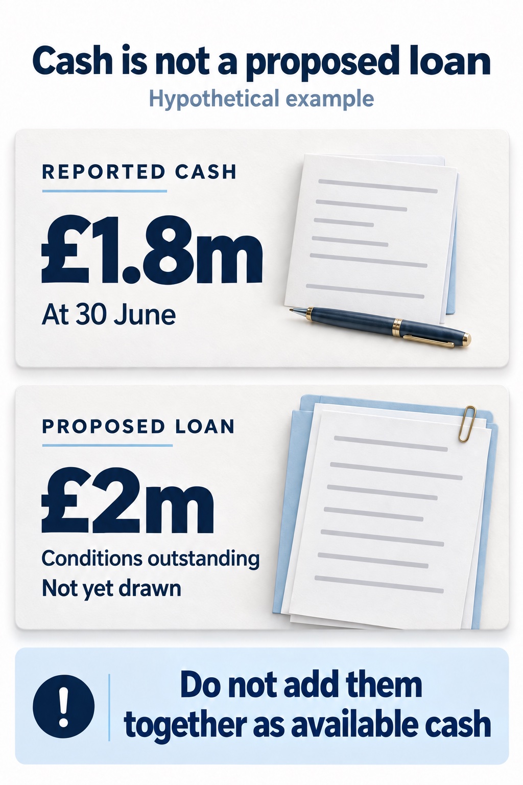 Hypothetical funding comparison: £1.8m reported cash at 30 June versus a £2m proposed loan with conditions outstanding. Do not add them together as available cash.