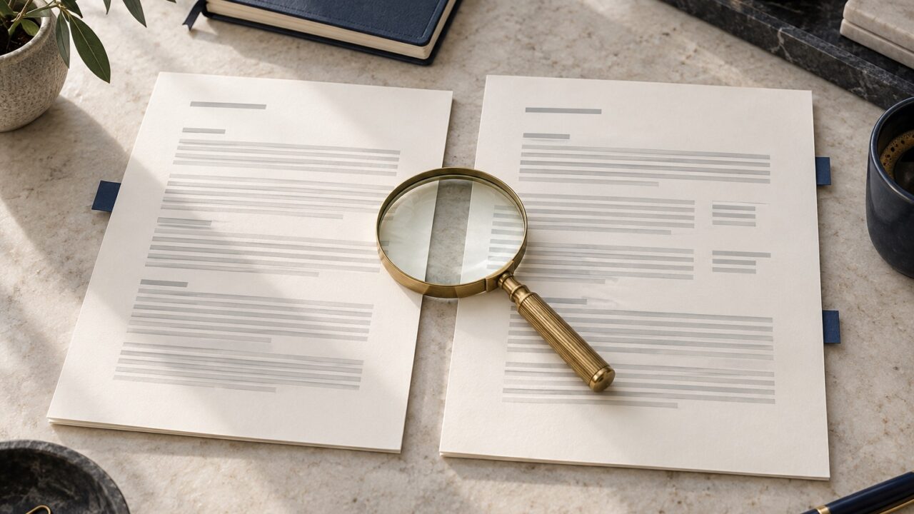 Two documents beside a notebook and magnifying glass on a desk, representing a comparison of company updates.
