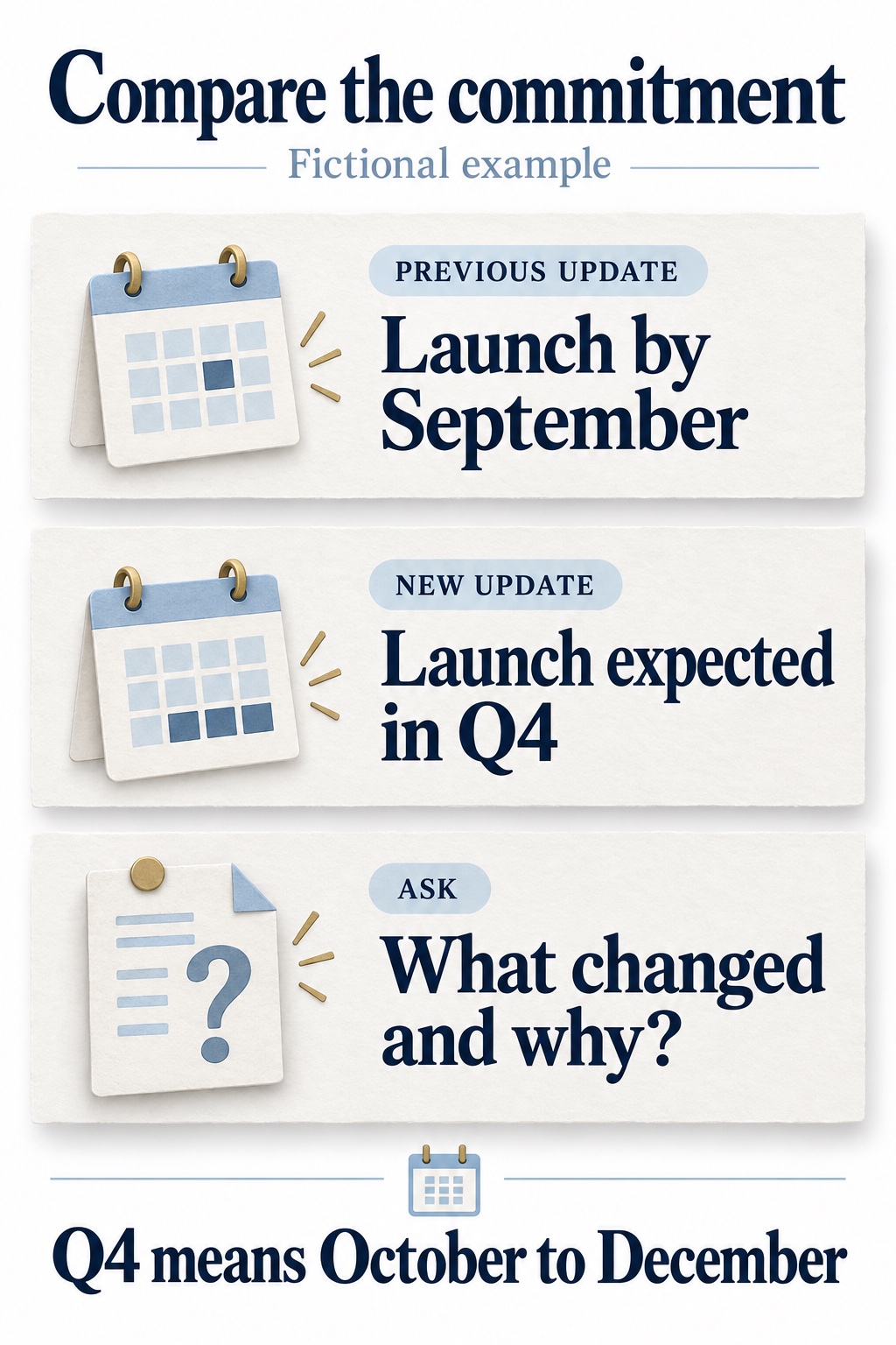 Fictional announcement comparison: launch by September becomes launch expected in Q4. Ask what changed and why, rather than treating the wording as proof of failure.