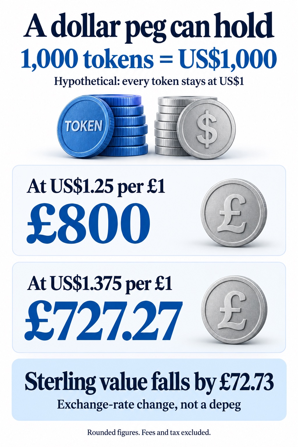 Hypothetical example: 1,000 tokens remain worth US$1,000. Their sterling value changes from £800 at US$1.25 per pound to £727.27 at US$1.375 per pound, before fees and tax.