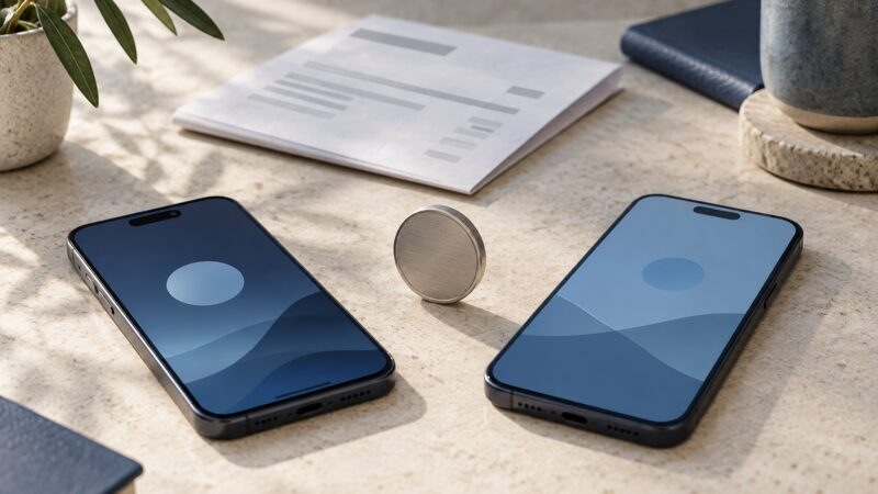 Two unbranded phones and a plain metal token beside an abstract invoice, representing a digital payment journey.