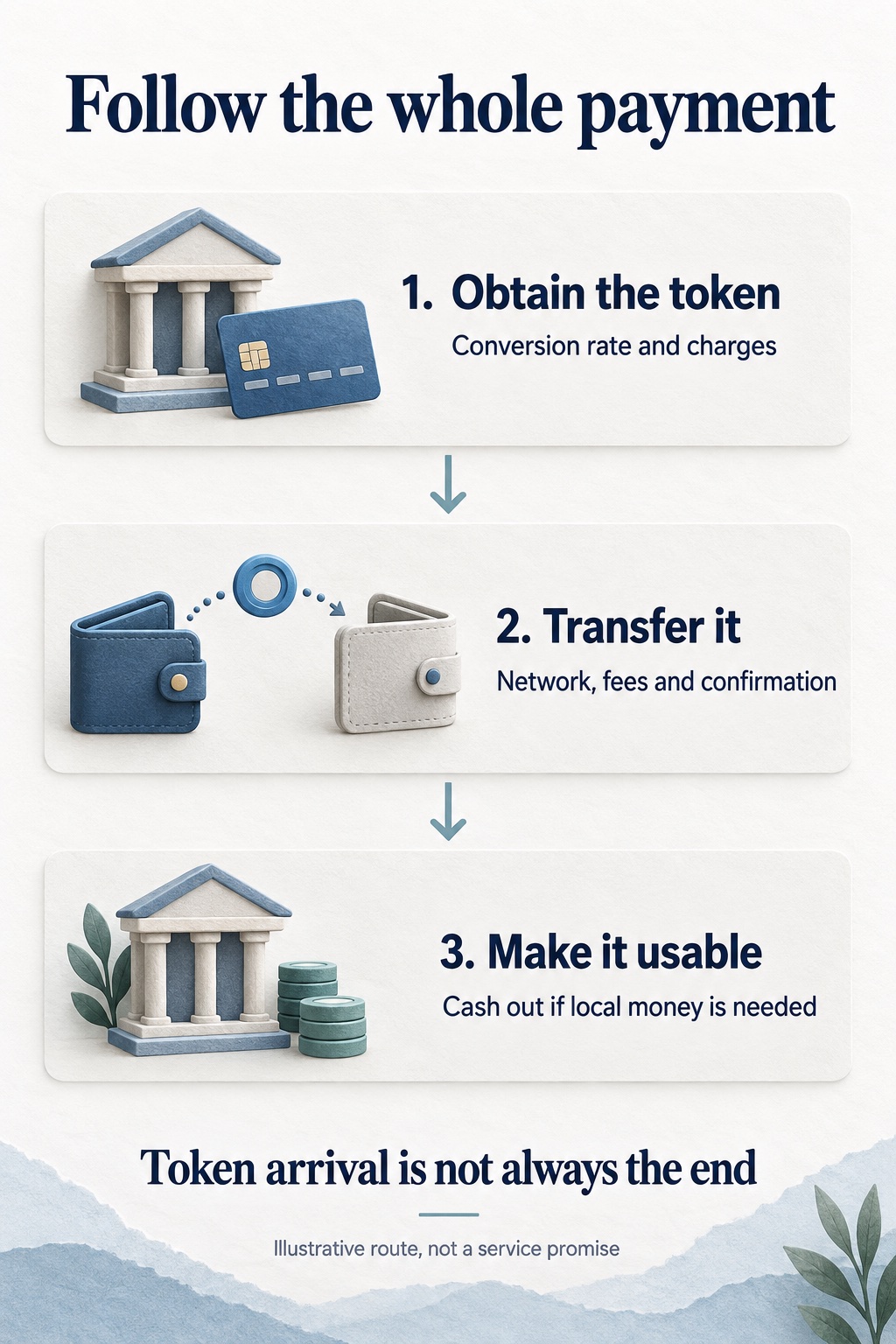 Three stages of a stablecoin payment: obtain the token, transfer it, and convert to usable local money if needed. Check costs and timing at every stage.