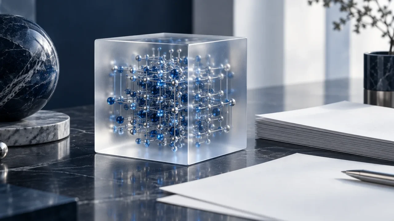 Conceptual glass network cube beside blank document sheets