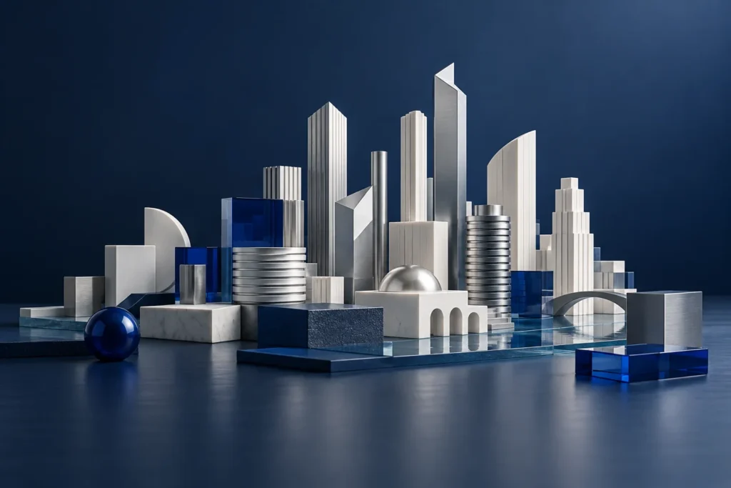 Conceptual miniature city in white ceramic and silver, with blue geometric details